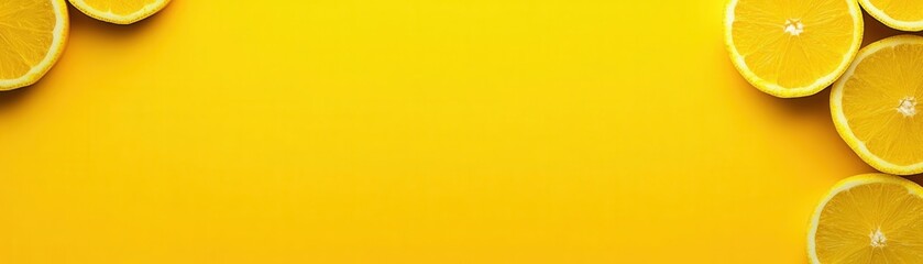 Fototapeta premium Fresh lemon slices arranged on a bright yellow background, creating a vibrant, summery feel perfect for food-related themes.