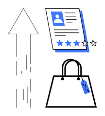 Upward arrow, CV with stars and profile, and shopping bag with tag. Ideal for job application, recruitment, e-commerce, growth, success consumer experience promotional event. Abstract line flat