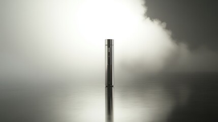 Vaping device on a reflective surface with ambient lighting in the background. Featuring sophistication and peace