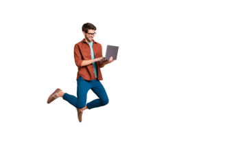 Full length body size view of his he nice attractive cheerful cheery successful brunet guy jumping in air using laptop home-based job isolated over beige color pastel background