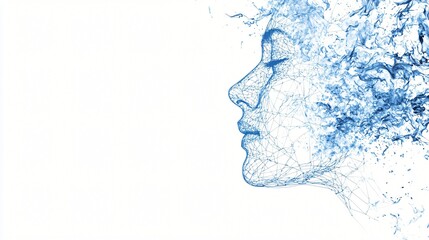 Serene woman, profile, blue abstract, white background, art