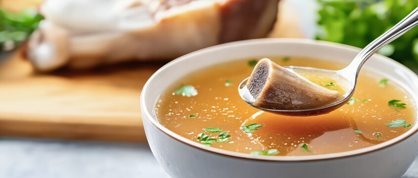 Steaming bone broth in rustic ceramic bowl, sprinkled with bright parsley, revealing rich marrow piece on silver spoon, promising hearty nutrition