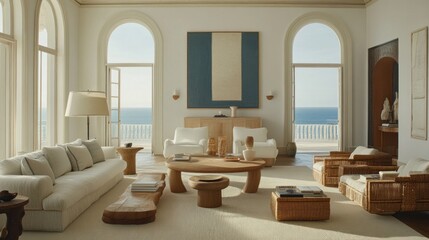 Coastal living room, ocean view, luxury furniture, relaxed setting, design inspiration