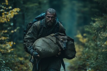 Obraz premium Man carrying a bagged deer through a misty forest in autumn