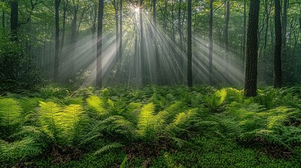 Fototapeta premium Sunlight rays stream through a lush, green forest with ferns in foreground