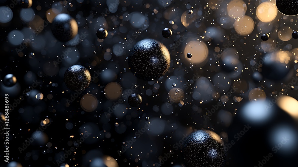 Poster Spherical objects floating with bokeh lights on black background for technology designs