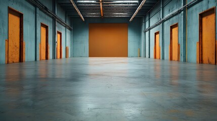 Abandoned industrial warehouse with rusted metallic edges open empty center space and minimalist architectural design  The interior features a bare concrete floor exposed ceiling beams