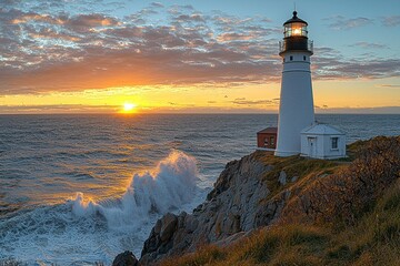 Naklejka premium Lighthouse on a cliff overlooking ocean waves crashing at sunset under a cloudy sky
