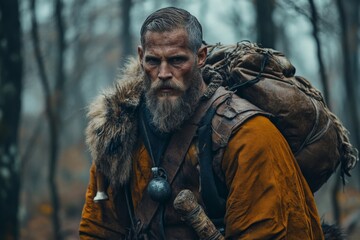 Obraz premium Rugged adventurer in orange cloak traverses a misty forest at dawn with a pack and staff