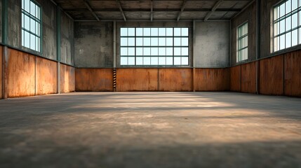 Abandoned industrial warehouse with rusted metallic edges open empty center space and sunlight streaming through large windows  The concrete floor and weathered interior create a grungy