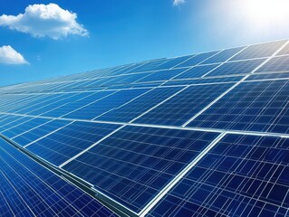 Vast Solar Panel Field Under a Bright Sunny Sky: Clean Energy and Sustainable Future