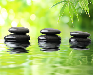 Serene stacked stones reflecting in calm water surrounded by greenery.