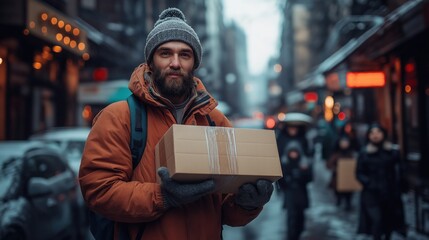 delivery driver holding package near van in bustling city with busy pedestrians