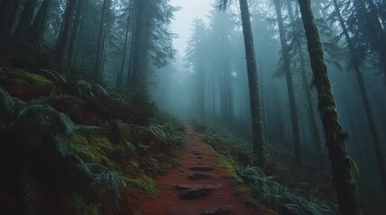 Adventurous trail leading through a dense, misty forest, showcasing the mystery and allure of deep nature exploration.