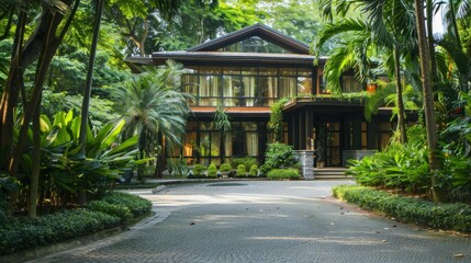An upscale luxury house exterior with large windows and a pristine driveway surrounded by lush greenery. stock photo --ar 16:9 --style raw --v 6 Job ID: 7d18050c-e86e-4936-997b-03e89f8c6c0e