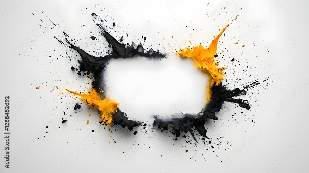 Poster abstract composition with ink brush strokes forming dynamic frames around a blank textured central s