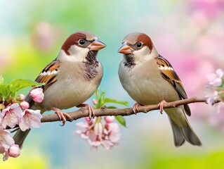 Fototapeta premium funny little birds sit on a branch in a spring Sunny Park and chirp