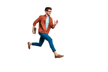 Full length body size view of his he nice attractive cheerful glad guy leader jumping in air carrying laptop running fast late hurry-up meeting appointment isolated over beige color pastel background