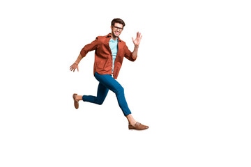 Full length body size view of his he nice attractive cheerful cheery glad active successful guy leader jumping in air running fast hurry-up meeting isolated over beige color pastel background