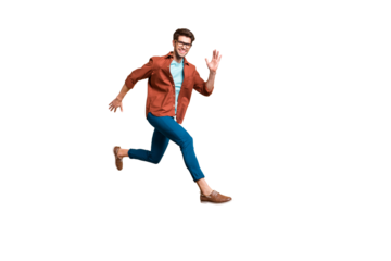 Full length body size view of his he nice attractive cheerful cheery glad active successful guy leader jumping in air running fast hurry-up meeting isolated over beige color pastel background