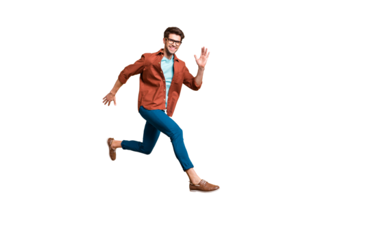 Full length body size view of his he nice attractive cheerful cheery glad active successful guy leader jumping in air running fast hurry-up meeting isolated over beige color pastel background