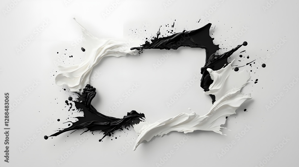 Poster abstract ink brush strokes forming elegant dynamic frames on a minimal textured white background wit