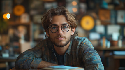Obraz premium Portrait of a Young Man in a Cozy Café, Ai Generated images.