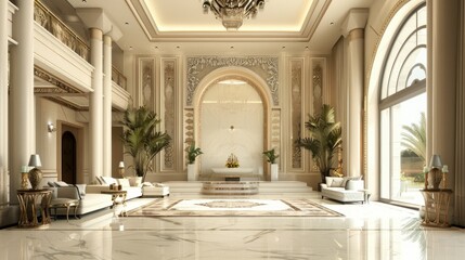 A spacious luxury home interior with designer furniture, a high ceiling, and sophisticated decor. stock photo --ar 16:9 --style raw --v 6 Job ID: 877b01e5-6851-42be-af39-bb6fb5ec3902