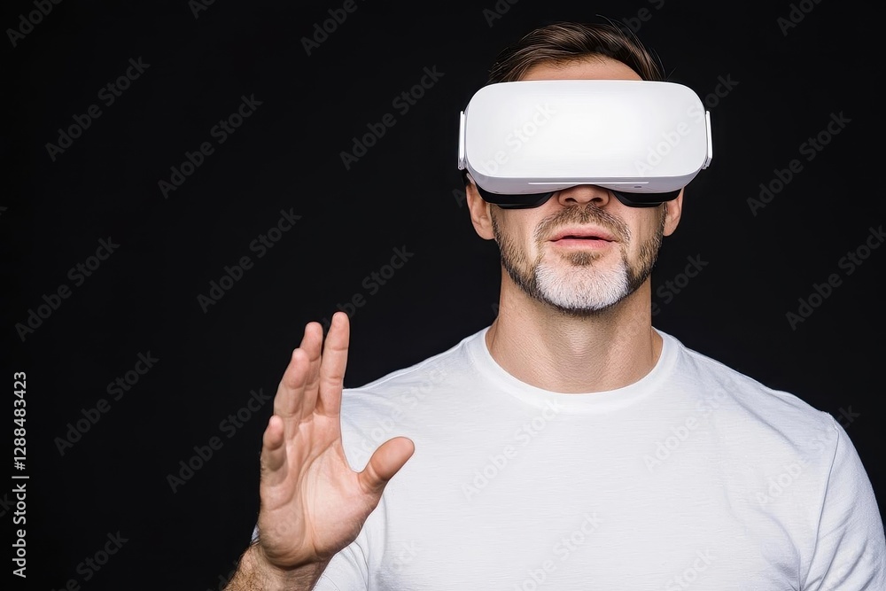 Poster future technology, augmented reality and cyberspace concept man vr glasses under white illumination 