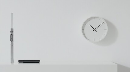 Vaping device on a simple white desk with a modern clock. Featuring tranquility and elegance