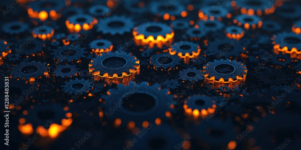 Poster a close-up view of interlocking gears illuminated with a warm glow, set against a dark background, c