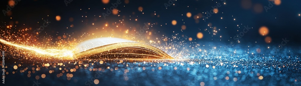Poster a glowing golden arc emits a trail of sparkling particles against a deep blue background, creating a