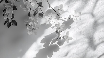 Spring blossoms branch shadows on light wall