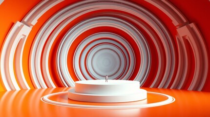 Obraz premium Vibrant 3D Podium with Glowing Orange Arches, Modern Product Display Mockup