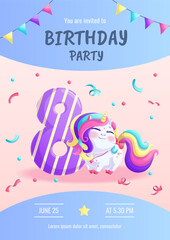 Invitations to a children's birthday party with a cute unicorn. 8th anniversary party, birthday, celebration, congratulations, invitation concept. Vector illustration.