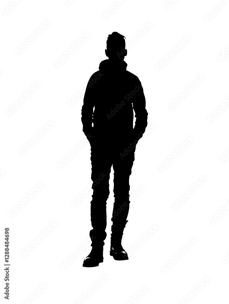 Poster man is standing in front of a white background. he is wearing a jacket and pants. the image is in bl