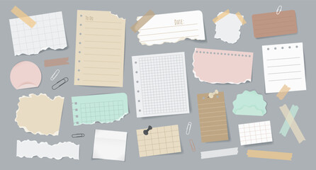 Set of torn paper notes, stickers, to do list, duct tapes, paper clips. Multicolored sticky elements. Isolated planners, reminders for mood boards or scrapbooking on background. Flat style. Vector.