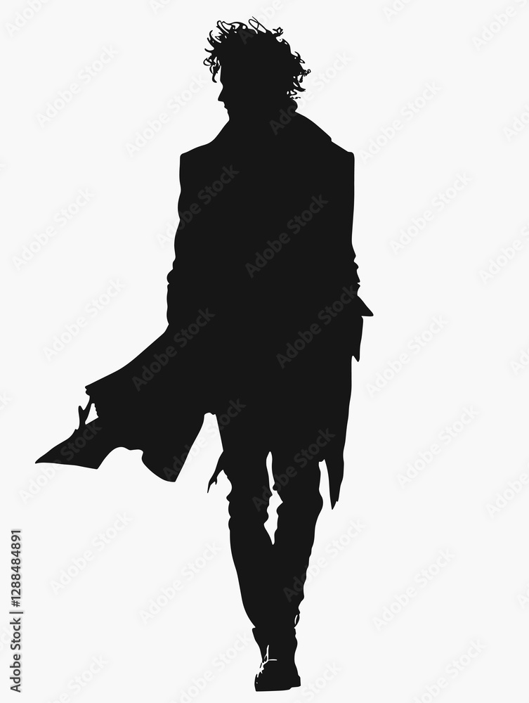 Poster man in a black coat and scarf is walking on a white background. the image has a moody and mysterious