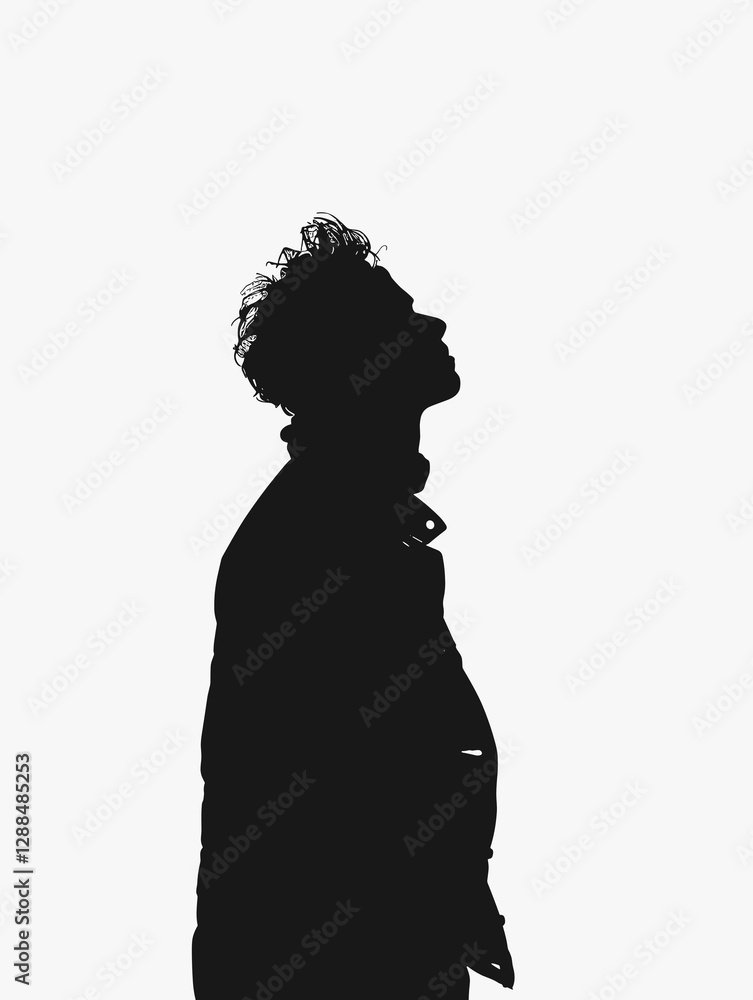 Poster man is standing in the middle of a white background. he is wearing a black jacket and a black hat. t