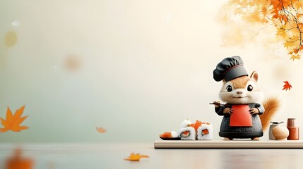 Adorable chipmunk character dressed in a detailed sushi chef outfit standing at a low wooden table filled with various sushi ingredients