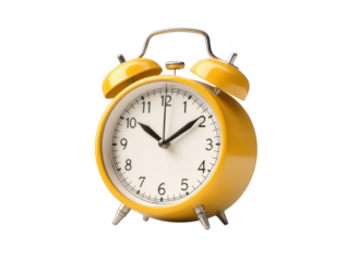 A yellow alarm clock with a white face showing the time as 10:30