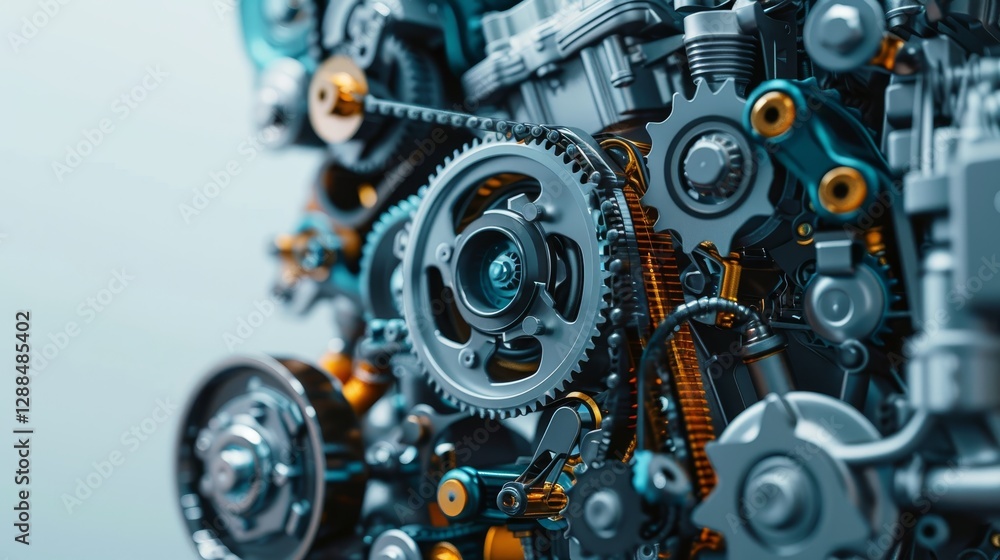 Poster close up view of engine with drive belts and components on white background captured professionally