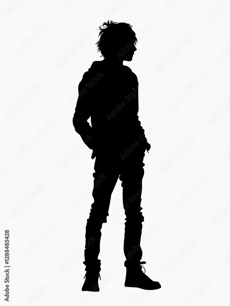 Poster man in a black jacket and jeans is standing in front of a white background. the image is a silhouett