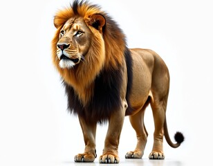 Obraz premium Majestic lion stands confidently. Regal mane, powerful presence in stunning close-up. Isolated on transparent background. Animal portrays strength, courage, raw power, beauty. Wild cat predator