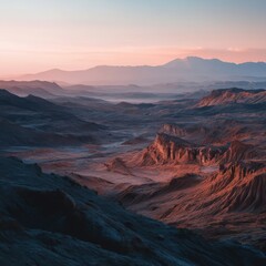 Naklejka premium Serene Desert Landscape at Sunset with Distant Mountain Range