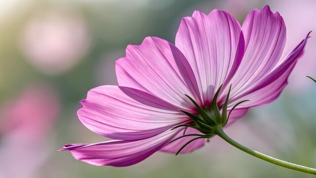 Cosmos Flower: a close-up shot of a vibrant pink cosmos flower in full bloom, with a blurred background. The petals are gently lit, creating a sense of delicate beauty and tranquility. - Powered by Adobe
