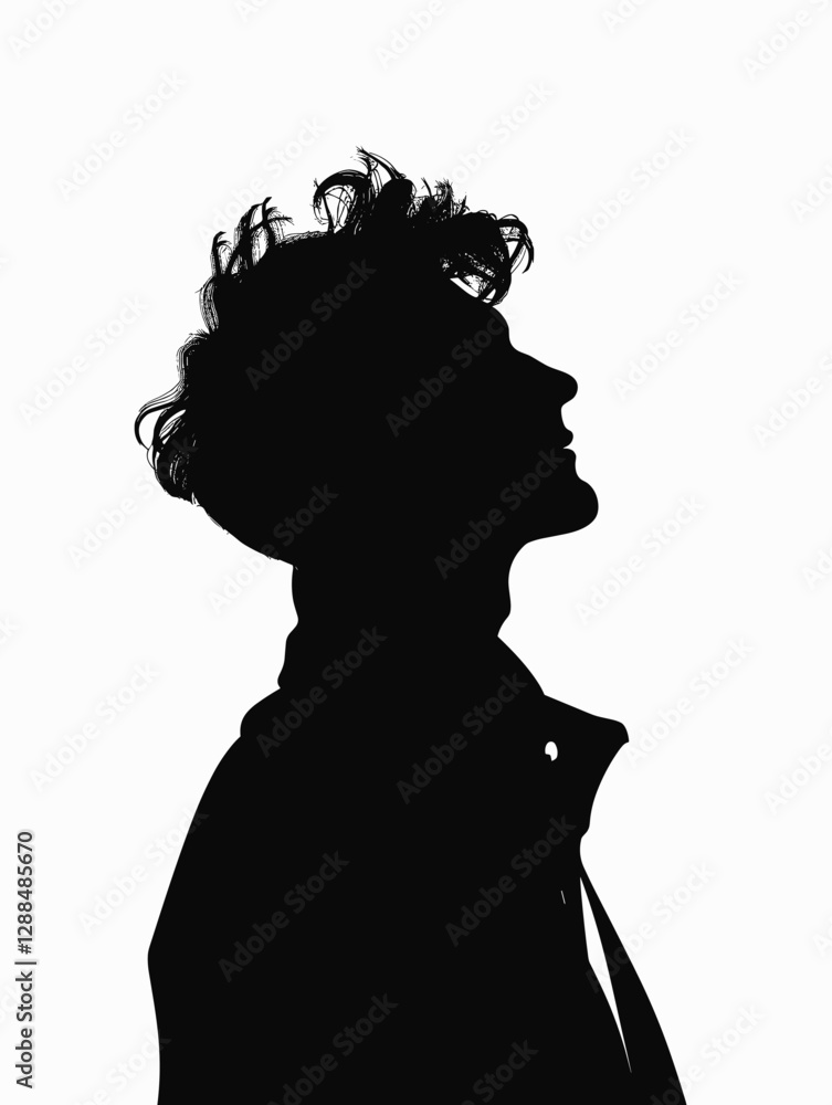 Poster man with messy hair is standing in front of a white background. the image is a silhouette of the man