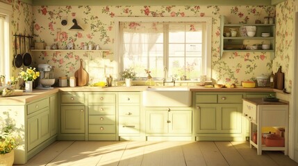 Sunny cottage kitchen, floral wallpaper, baking, sunlight, interior design