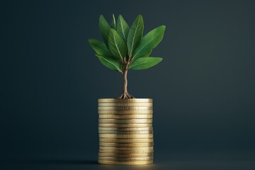 Environmental Impact shapes ESG Investing. Plant growing from gold coins symbolizing financial growth and prosperity.