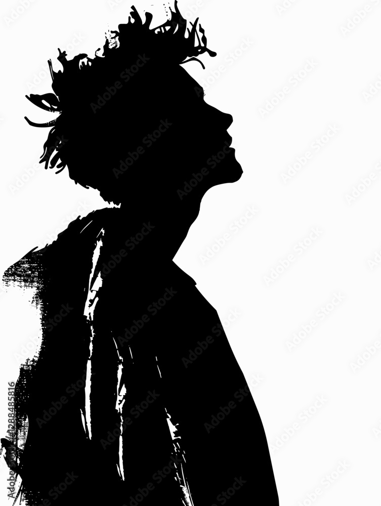 Poster man with a shaved head and a black jacket is standing in front of a white background